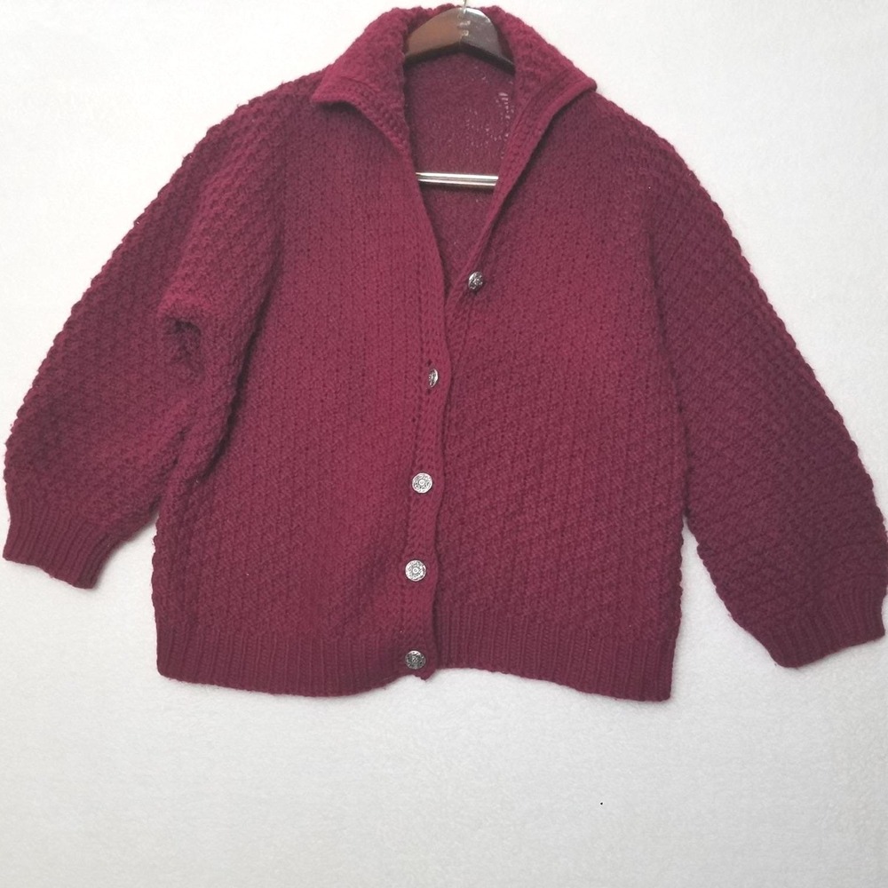 Vintage Knit Cardigan Sweater Burgundy Button Up Grandma Core Cozy